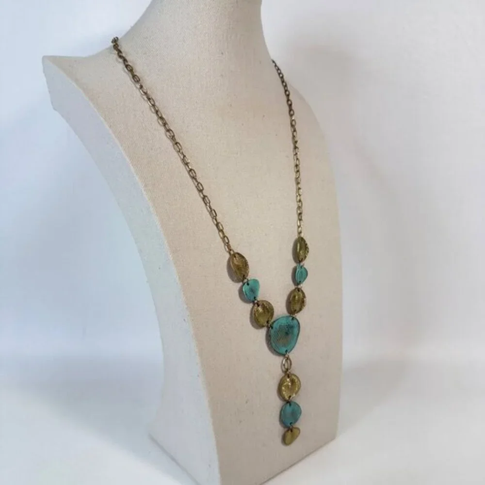 Y-Drop‎ Metal Necklace Gold-Tone Chain Turquoise Blue Adjustable
